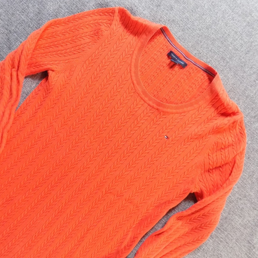 Tommy Hilfiger Cable Knit Sweater Womens M Orange Good Crew Neck Cotton 1765